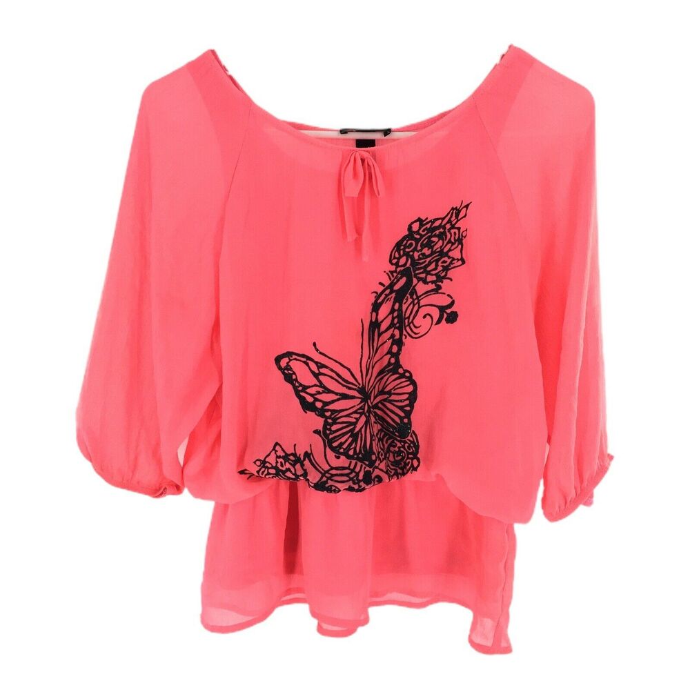 IZ Amy Byer Chiffon Butterfly Print Peplum Top Size Extra Large Neon Orange Pink